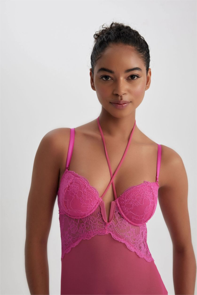 Woman Dark Pink Fall in Love With Lace With Pad Bodysuit