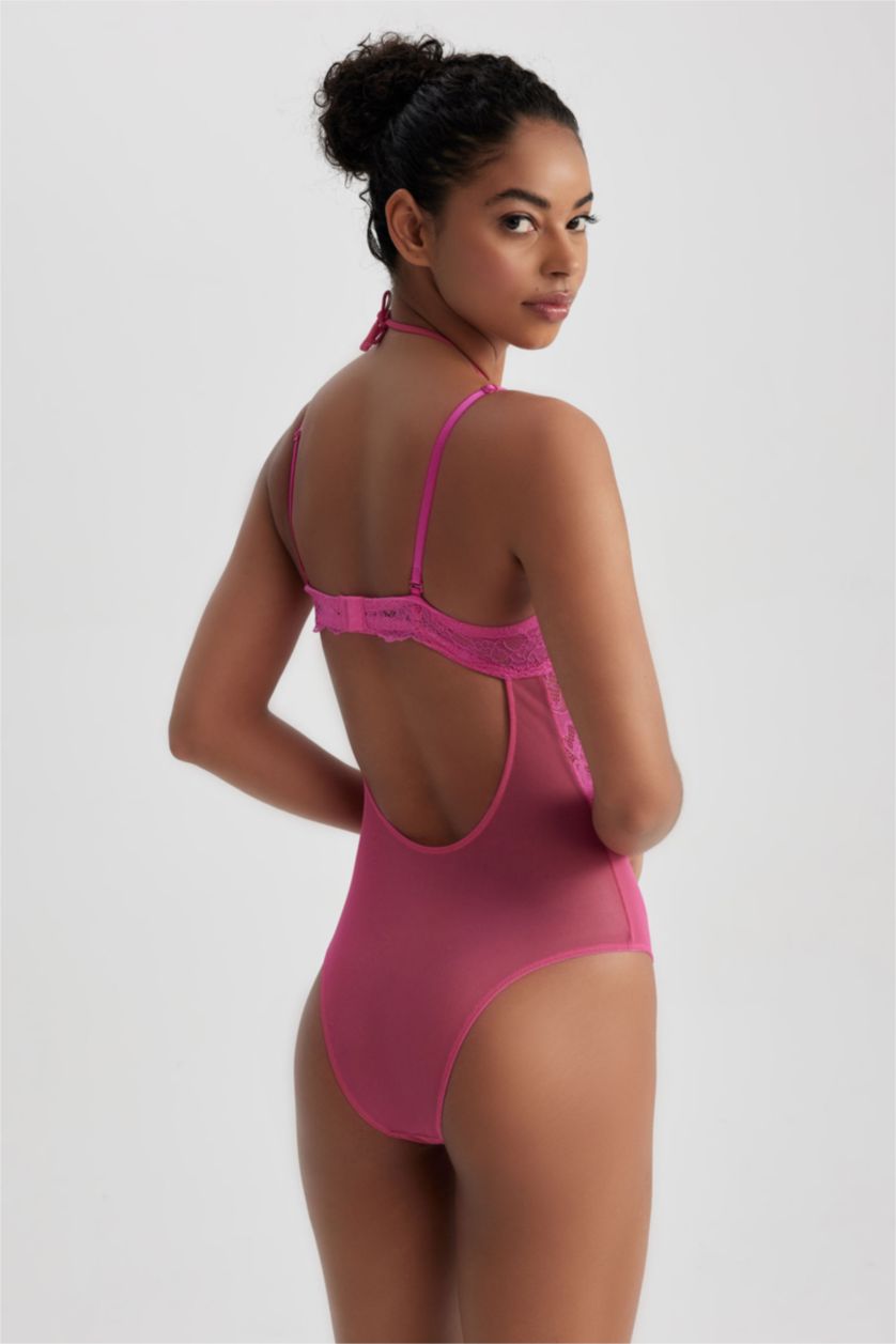Woman Dark Pink Fall in Love With Lace With Pad Bodysuit