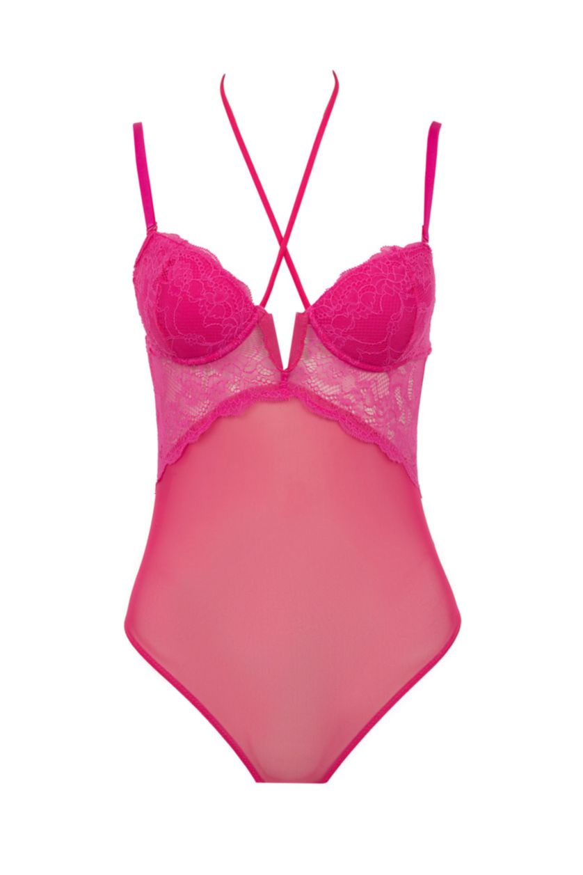 Woman Dark Pink Fall in Love With Lace With Pad Bodysuit