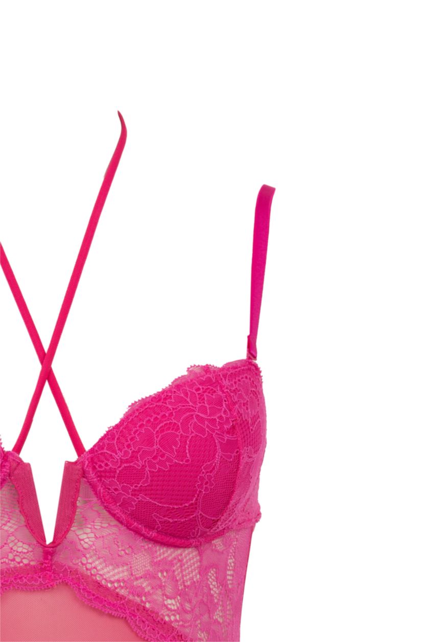 Woman Dark Pink Fall in Love With Lace With Pad Bodysuit