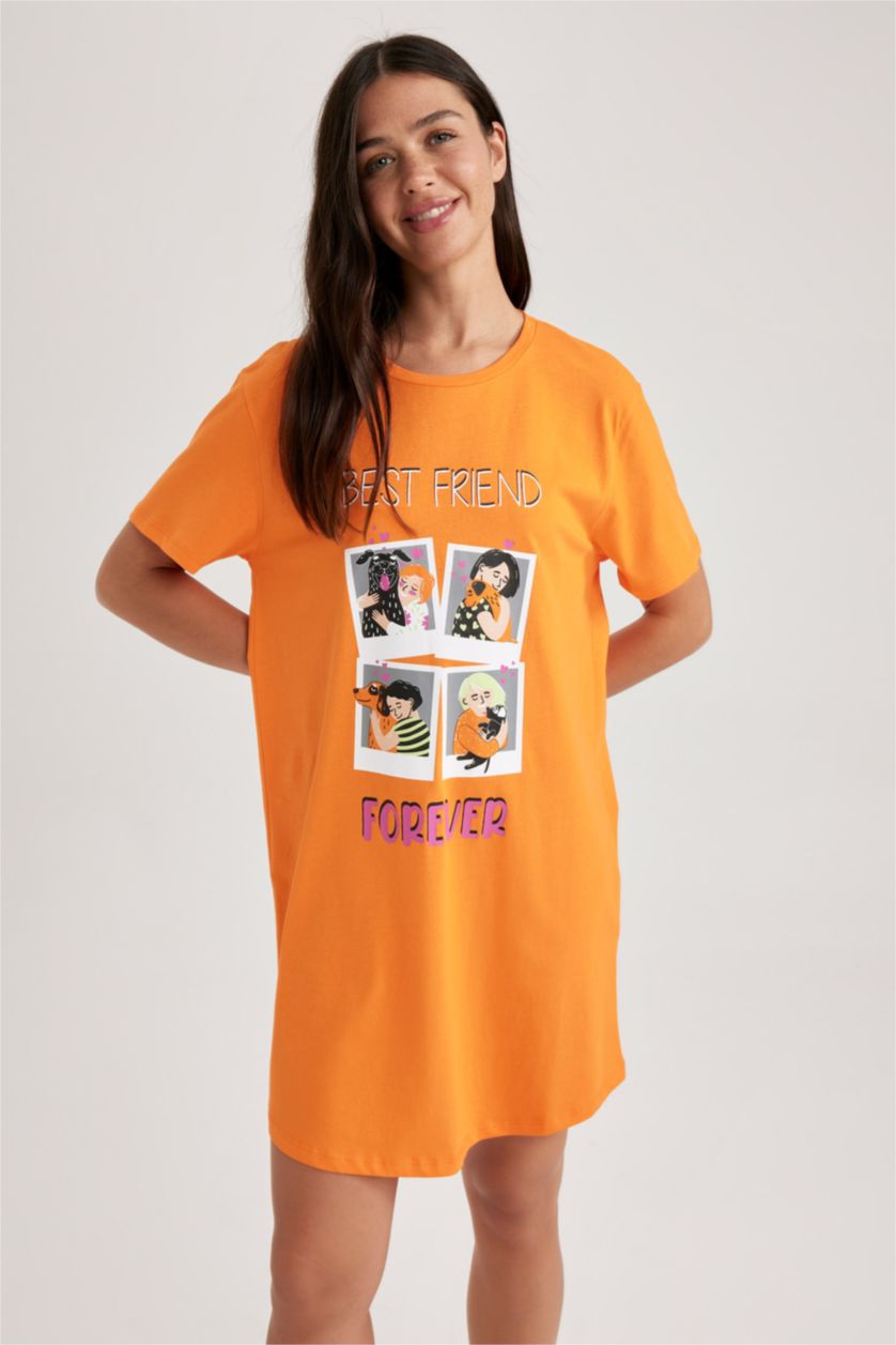 Kadın Turuncu Fall in Love Regular Fit Bisiklet Yaka %100 Pamuk Gecelik