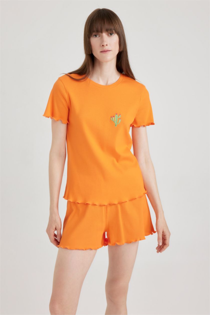 FEMME Orange Ensemble De Pyjama À Manches Courtes İmprimé Fall İn Love