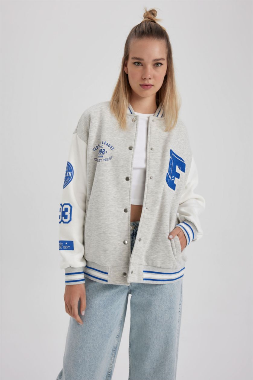 Kadın Gri Melanj Çıtçıtlı Bomber Ceket