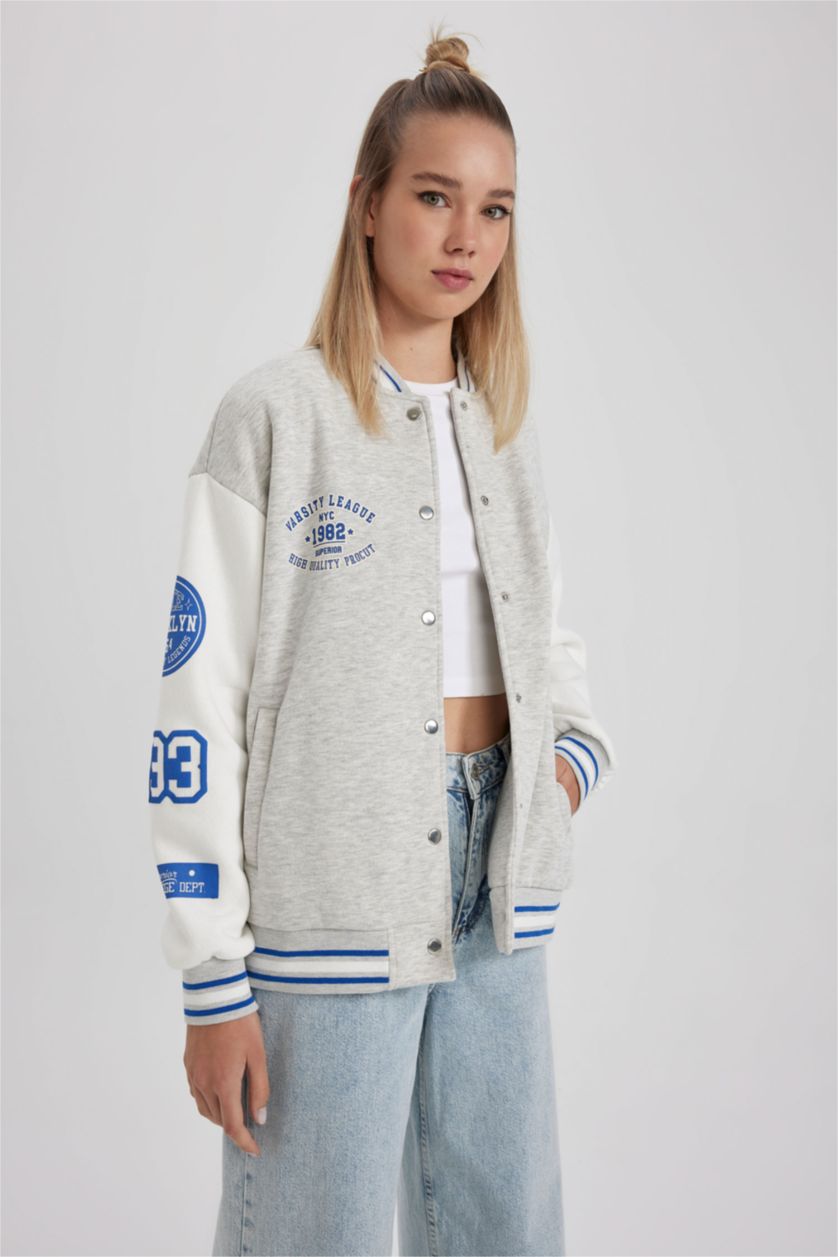 Kadın Gri Melanj Çıtçıtlı Bomber Ceket