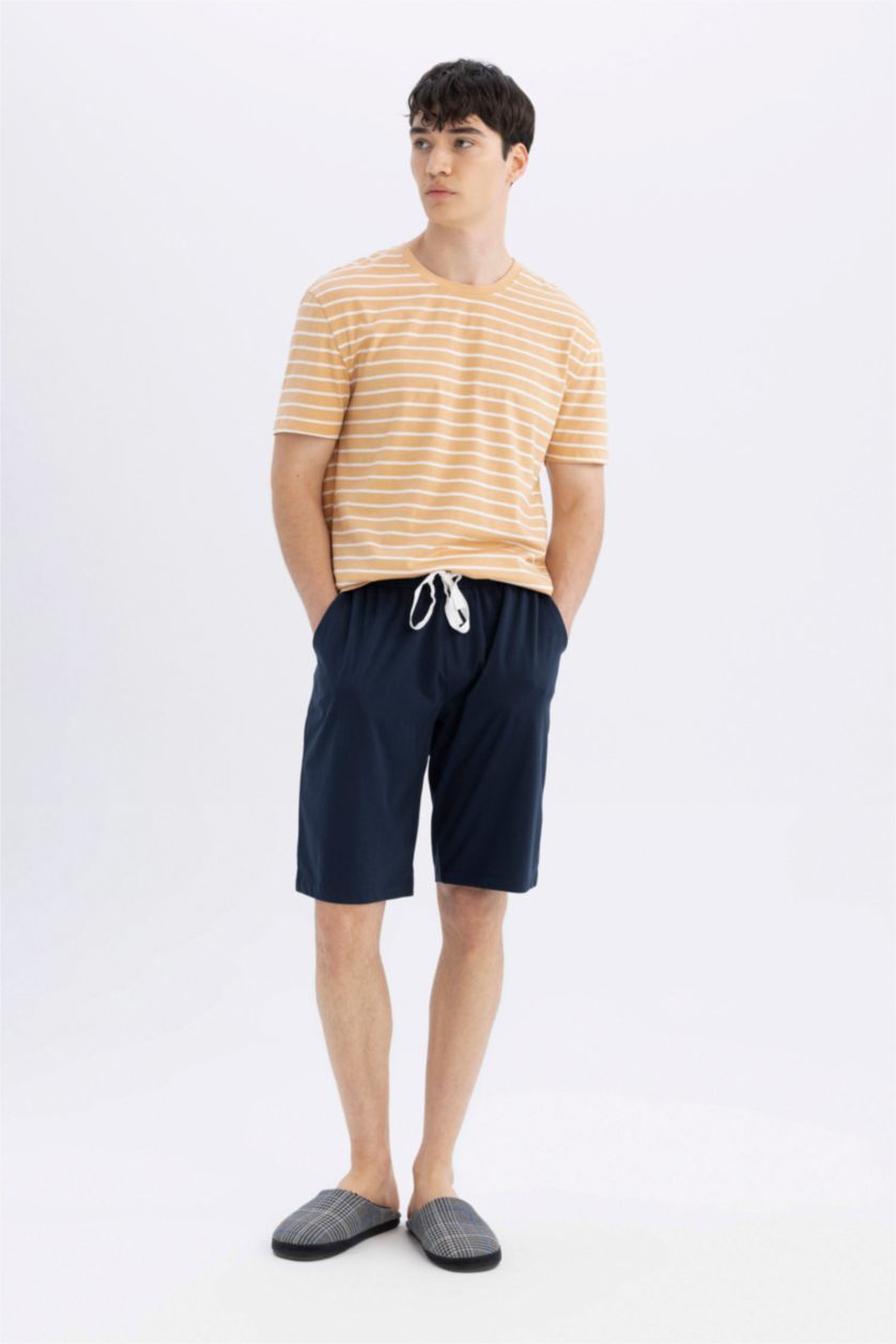 Man Beige Regular Fit Striped 2 Piece Pajama Set