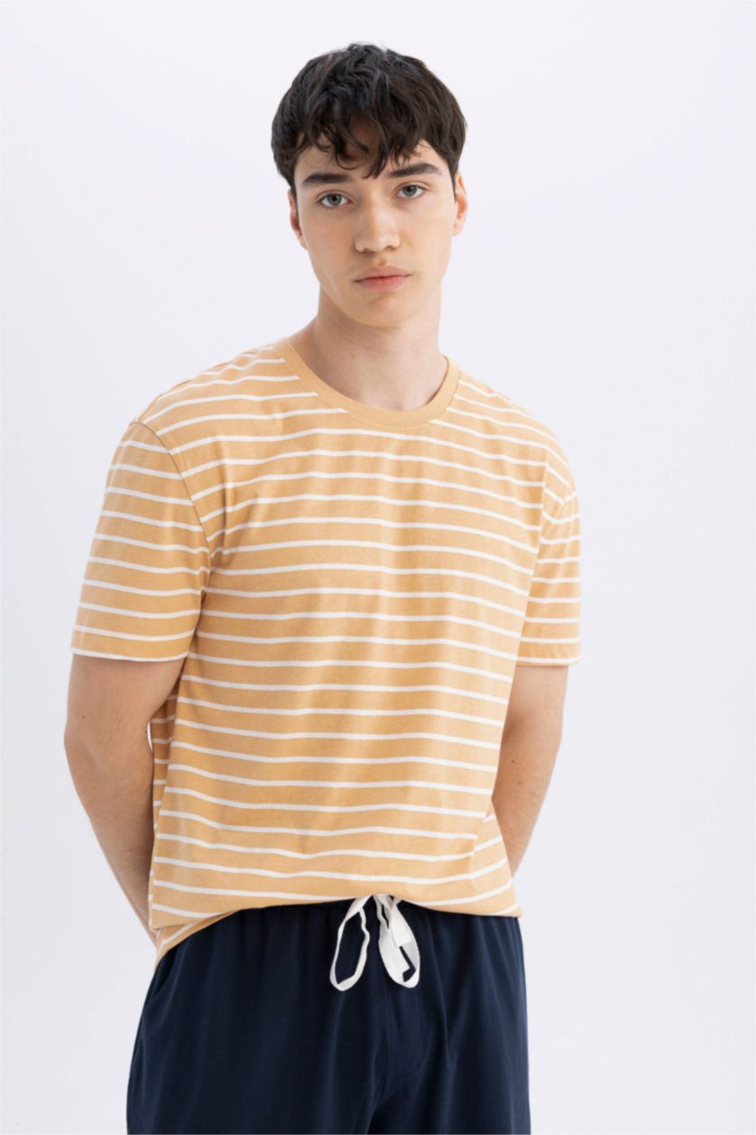 Man Beige Regular Fit Striped 2 Piece Pajama Set