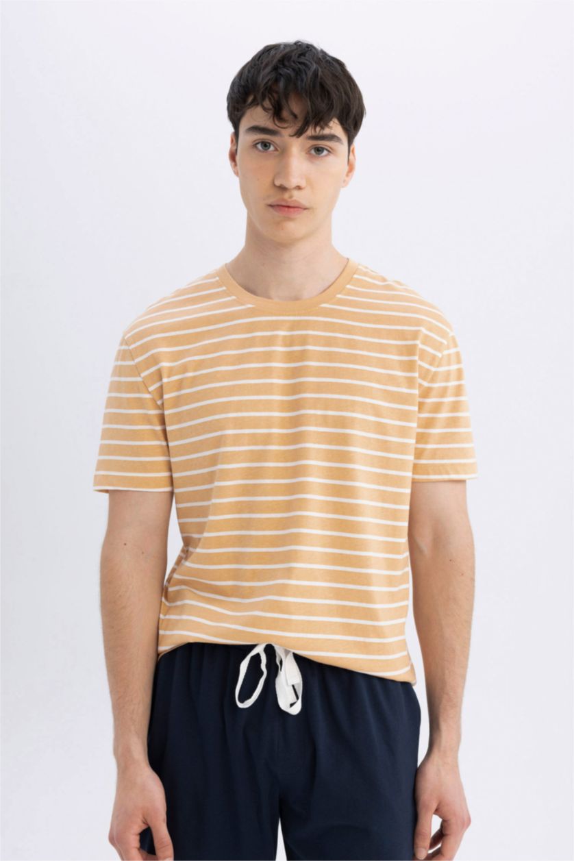 Man Beige Regular Fit Striped 2 Piece Pajama Set