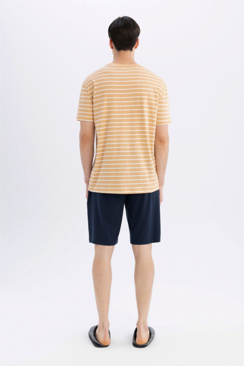 Man Beige Regular Fit Striped 2 Piece Pajama Set