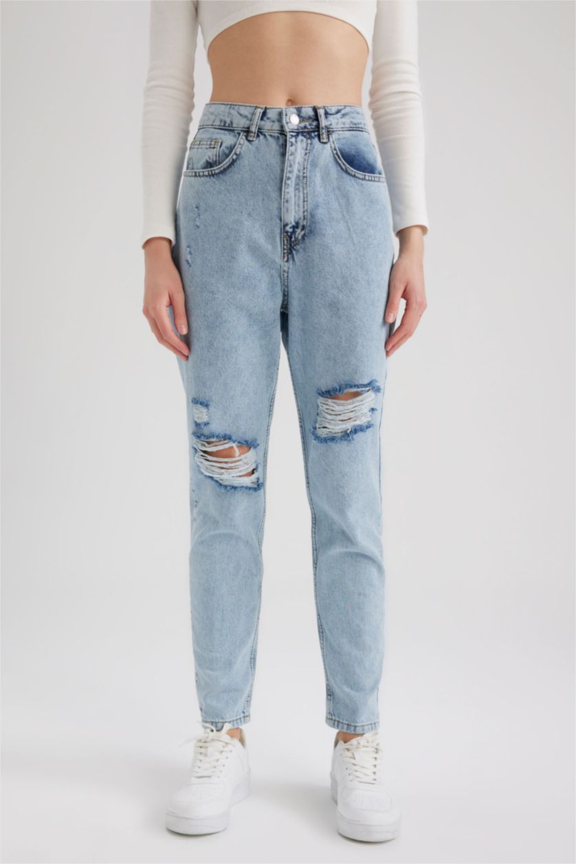 نساء أزرق فاتح High Waist Mom Fit Trousers