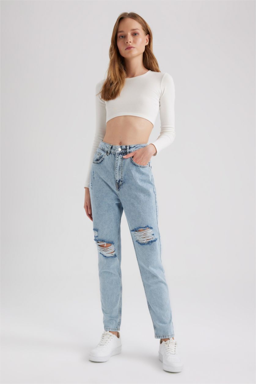 نساء أزرق فاتح High Waist Mom Fit Trousers