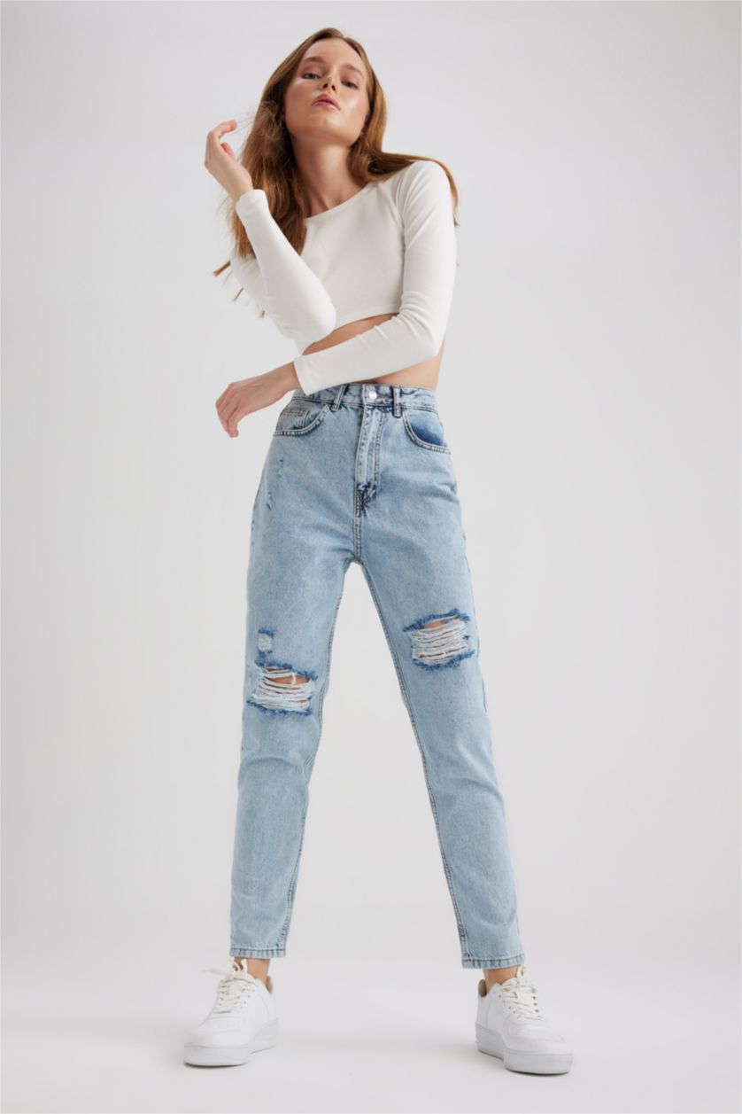 نساء أزرق فاتح High Waist Mom Fit Trousers
