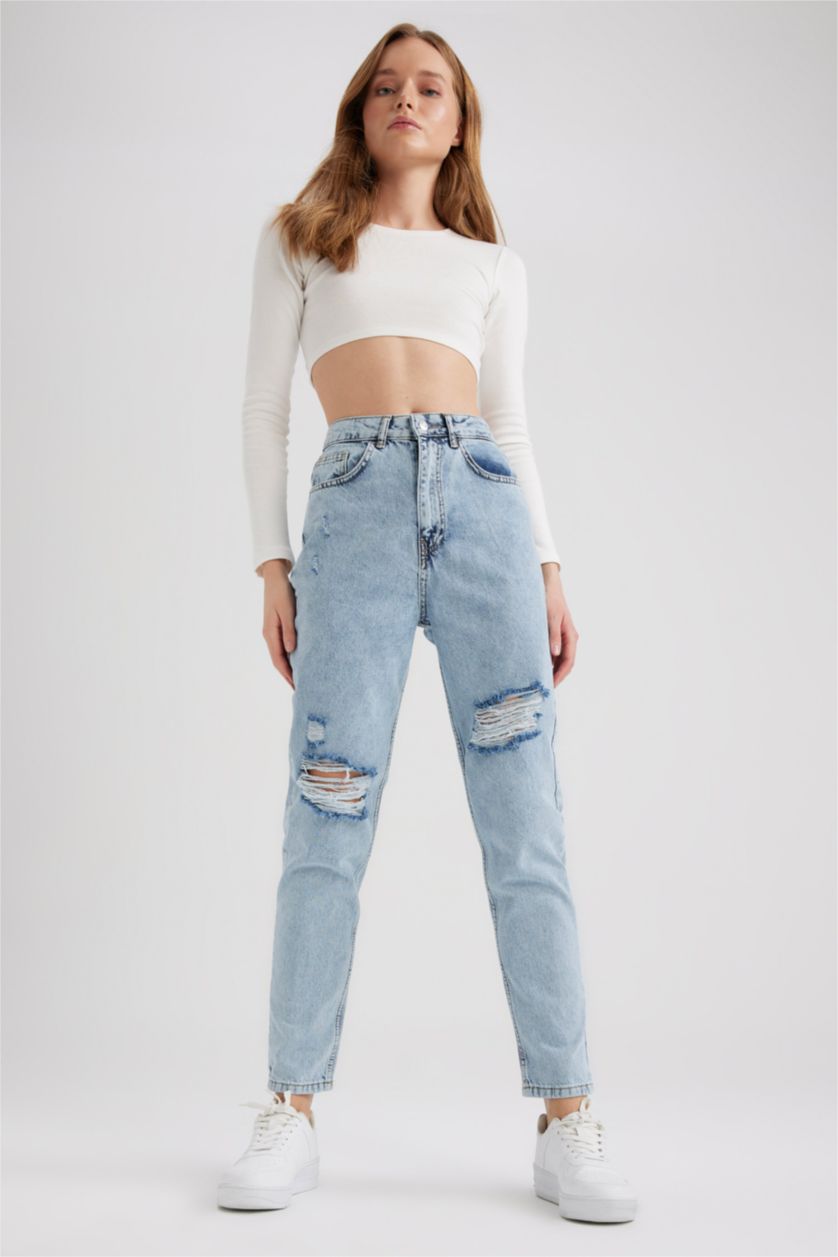 نساء أزرق فاتح High Waist Mom Fit Trousers
