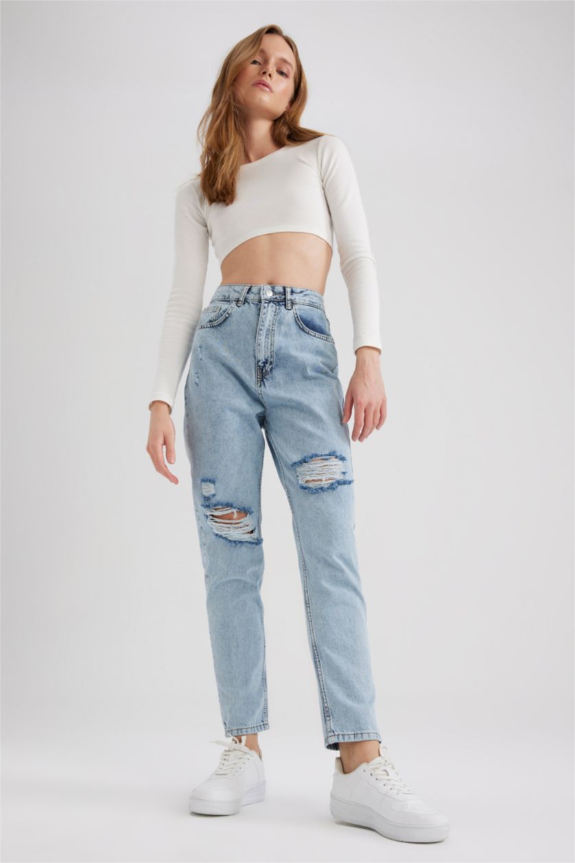 نساء أزرق فاتح High Waist Mom Fit Trousers