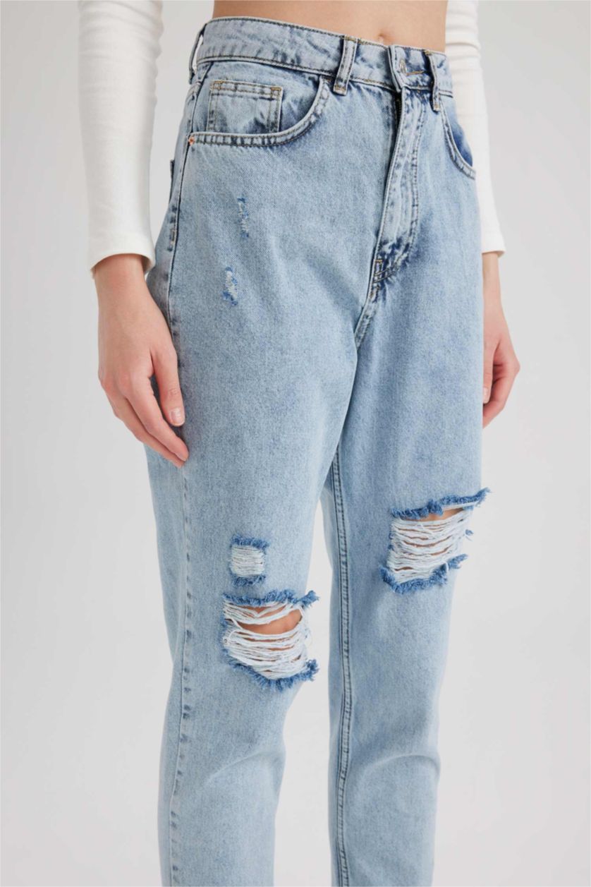 نساء أزرق فاتح High Waist Mom Fit Trousers