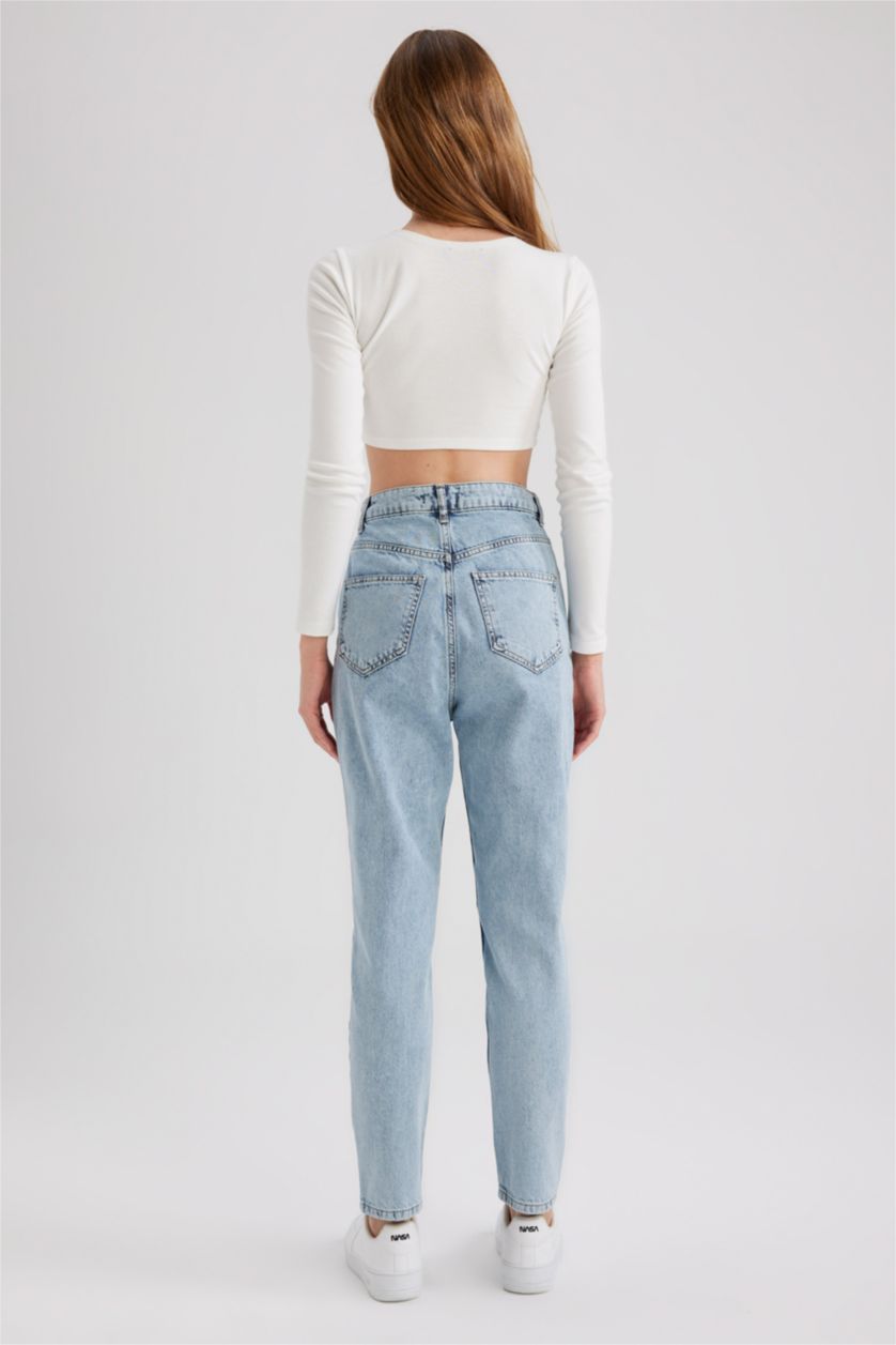 نساء أزرق فاتح High Waist Mom Fit Trousers