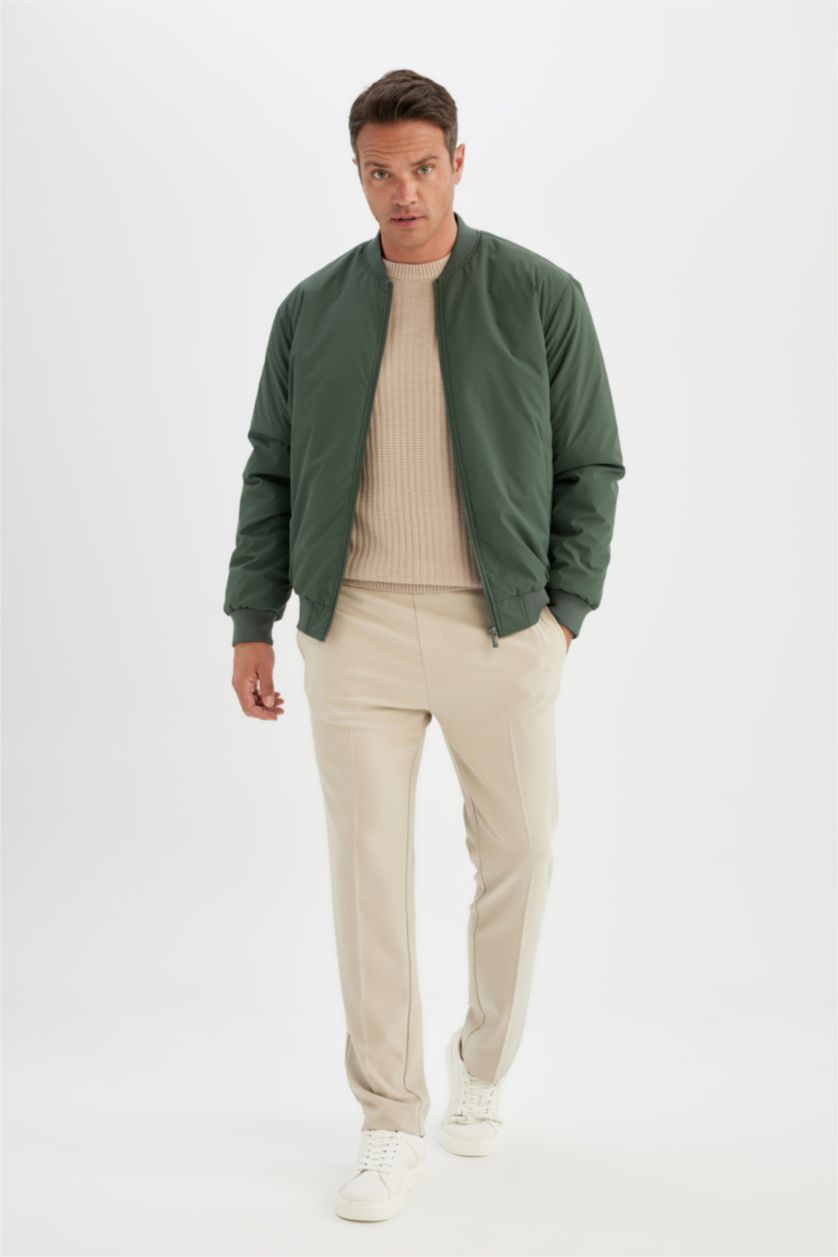 Erkek Koyu Haki Su İtici Slim Fit Dar Kesim Kolej Yaka Fermuarlı Astarlı Bomber Mevsimlik Mont