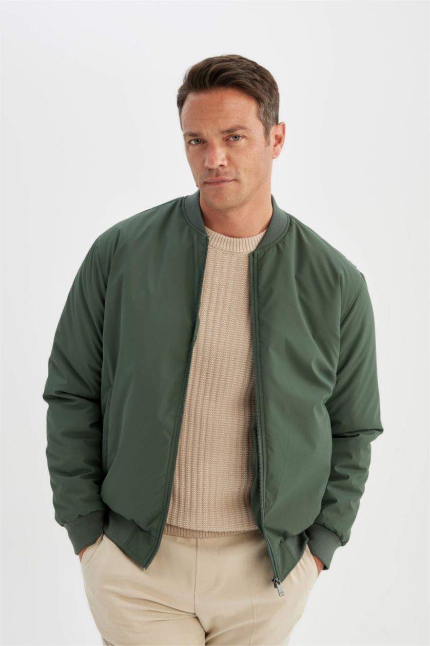 Erkek Koyu Haki Su İtici Slim Fit Dar Kesim Kolej Yaka Fermuarlı Astarlı Bomber Mevsimlik Mont