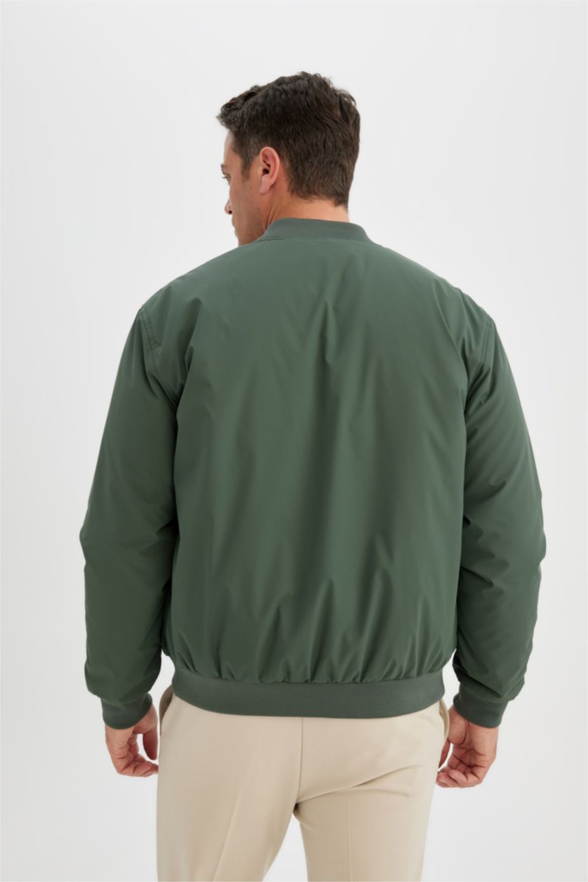 Erkek Koyu Haki Su İtici Slim Fit Dar Kesim Kolej Yaka Fermuarlı Astarlı Bomber Mevsimlik Mont