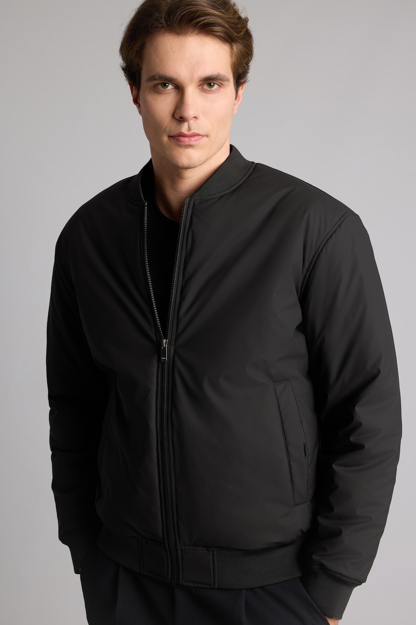 Erkek Siyah Sıcak Tutan Su İtici Slim Fit Astarlı Bomber Mont