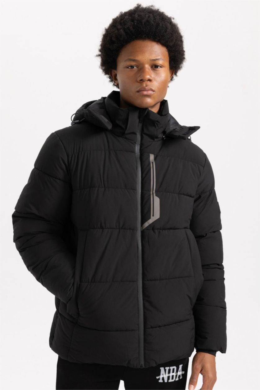 MAN Black DeFactoFit Waterproof Slim Fit Hooded Puffer Jacket