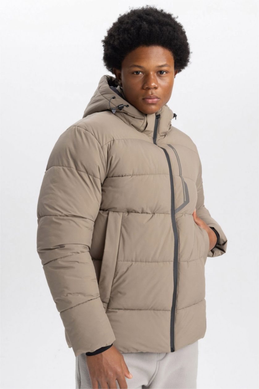 MAN Grey DeFactoFit Waterproof Slim Fit Hooded Puffer Jacket