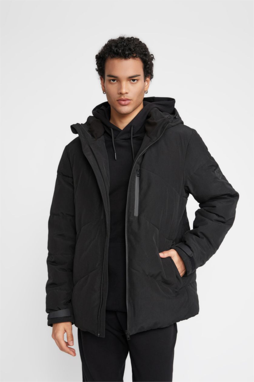 MAN Black DeFactoFit Water Repellent Slim Fit Hooded Puffer Jacket