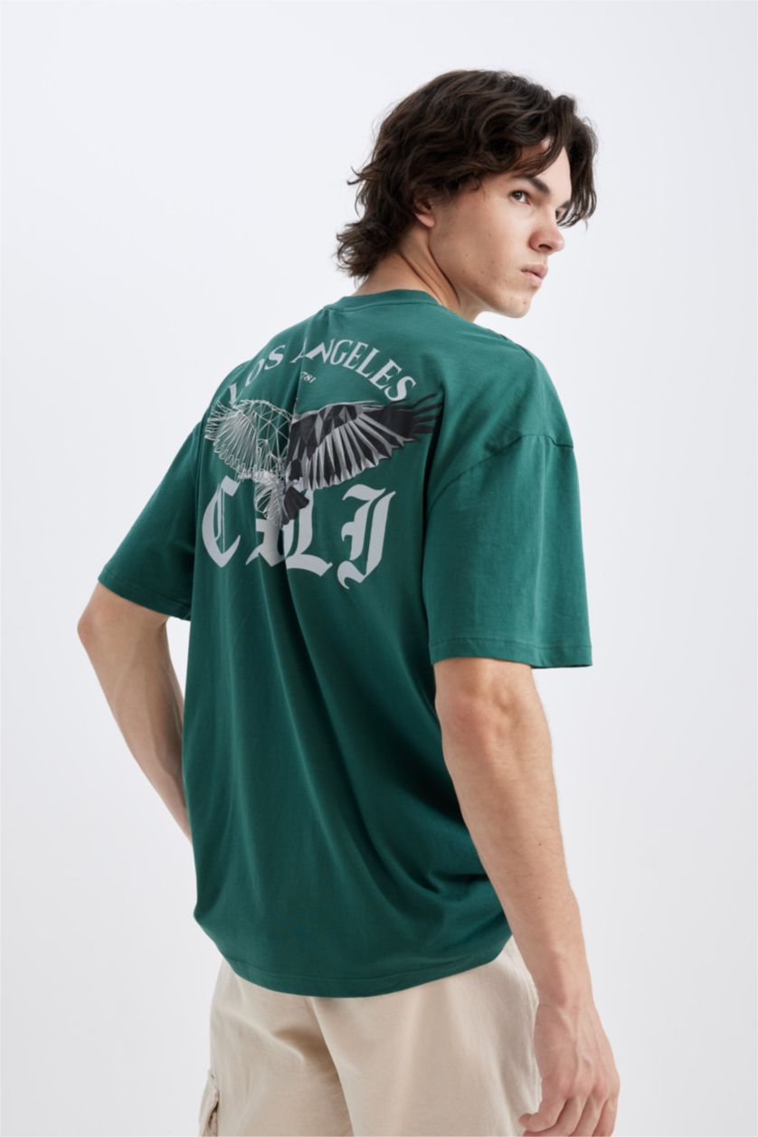 رجالي أخضر تي شيرت مطبوع من الخلف قصة مريحة