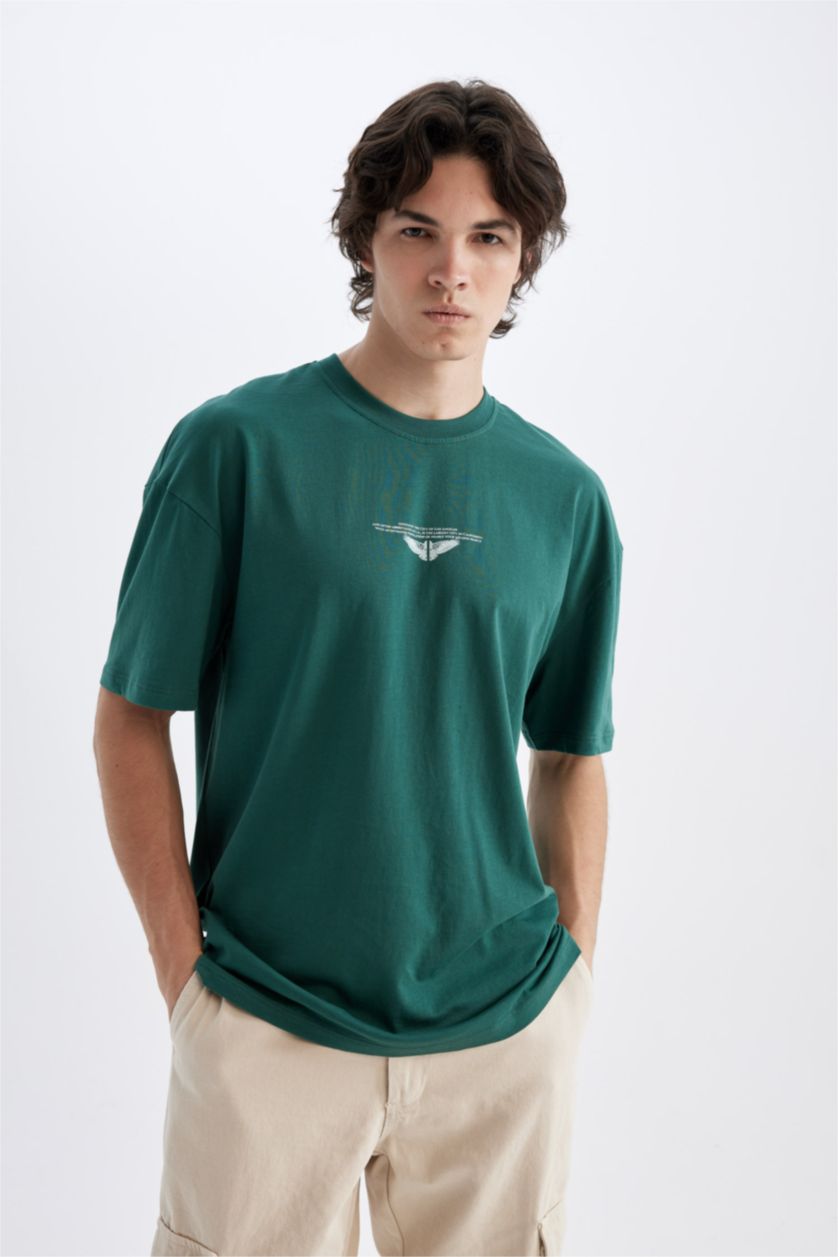 رجالي أخضر تي شيرت مطبوع من الخلف قصة مريحة