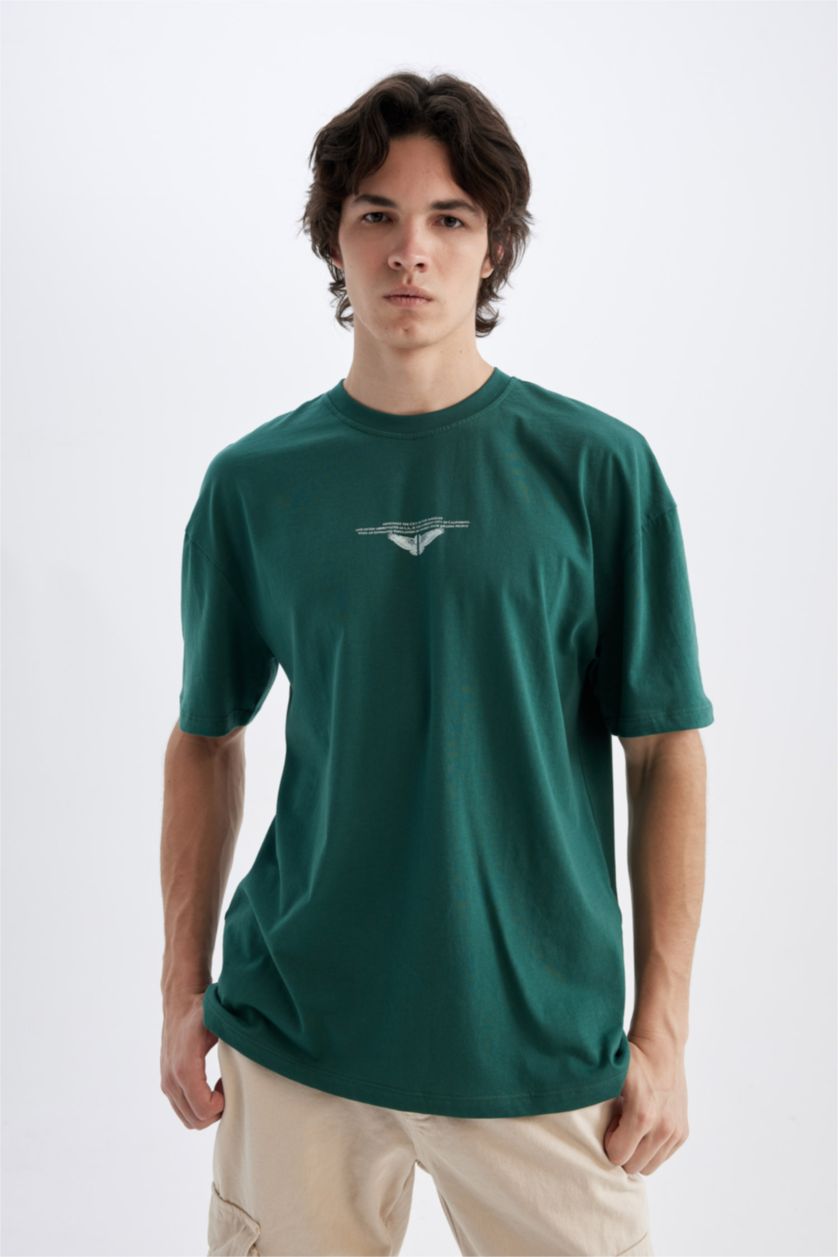 رجالي أخضر تي شيرت مطبوع من الخلف قصة مريحة