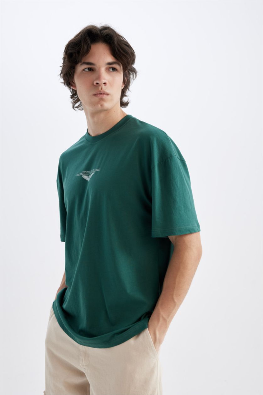 رجالي أخضر تي شيرت مطبوع من الخلف قصة مريحة