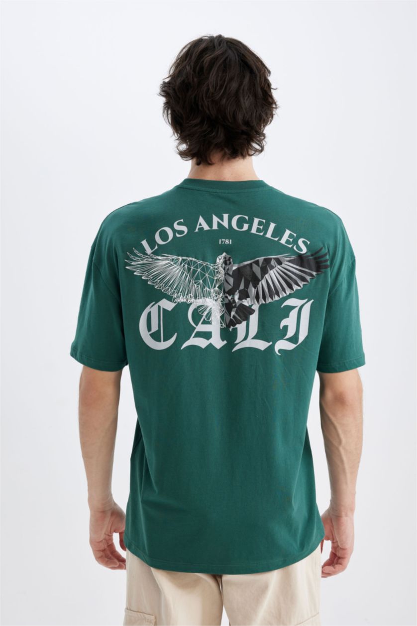 رجالي أخضر تي شيرت مطبوع من الخلف قصة مريحة