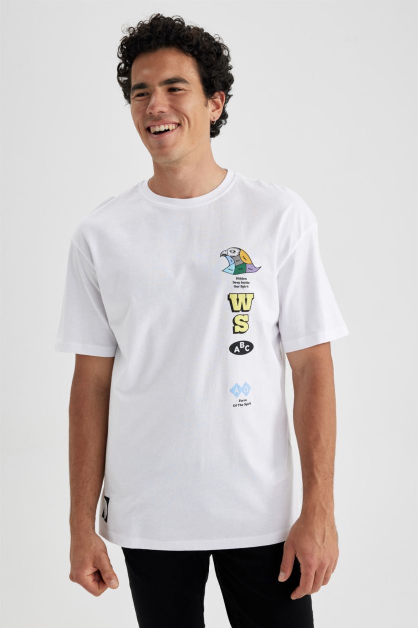 MAN White Comfort Fit Crew Neck Printed T-Shirt