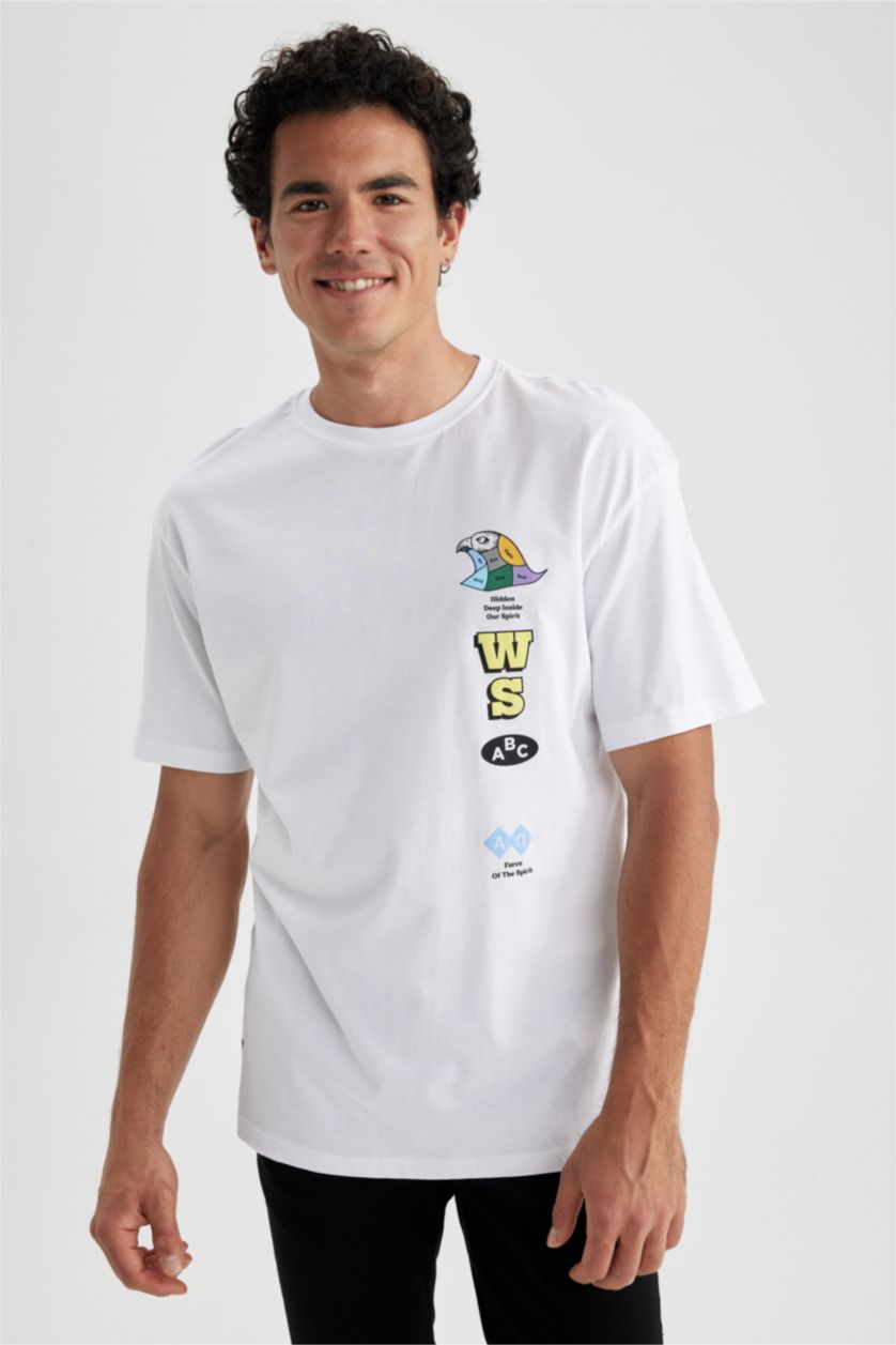 MAN White Comfort Fit Crew Neck Printed T-Shirt