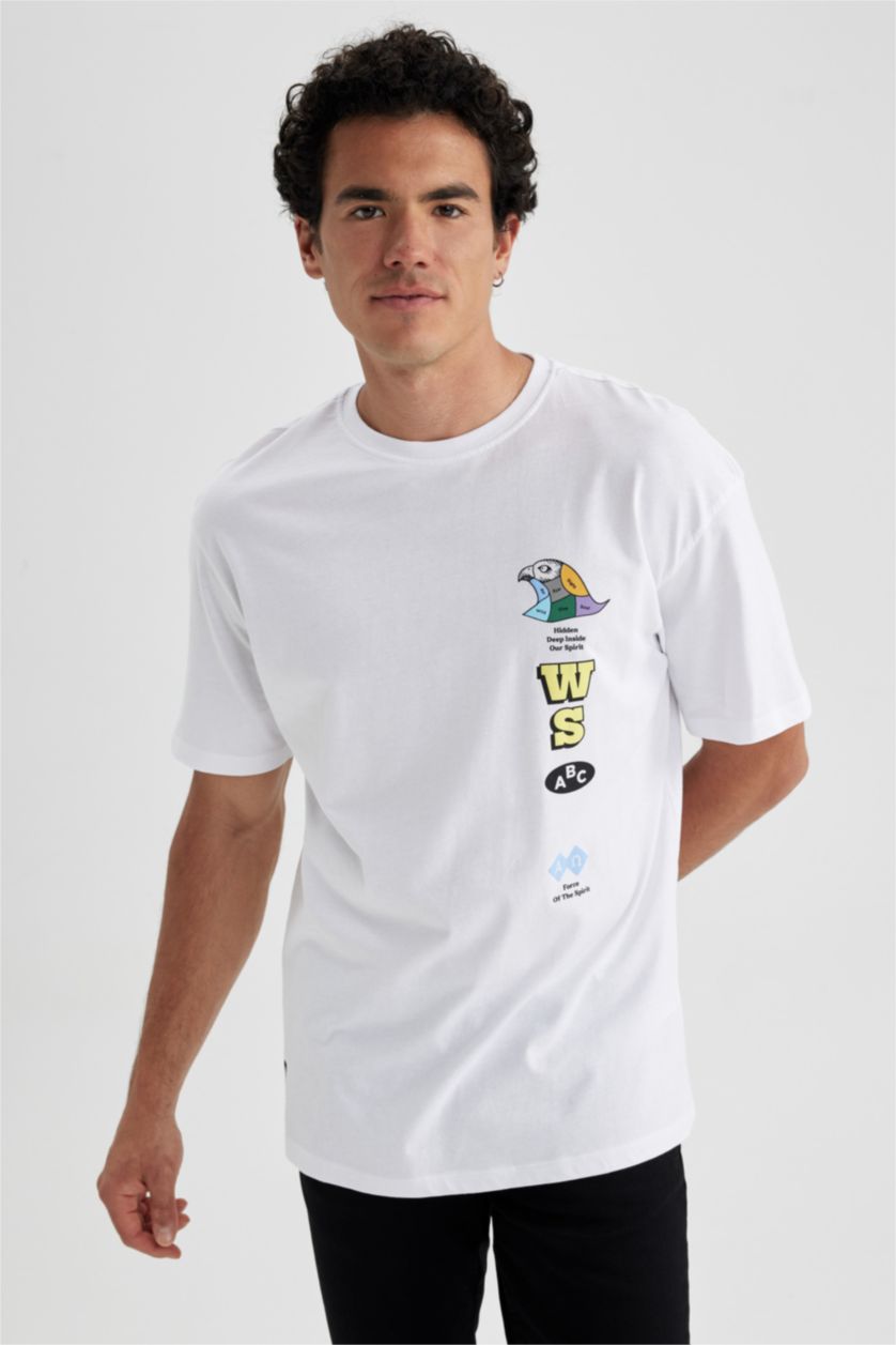 MAN White Comfort Fit Crew Neck Printed T-Shirt