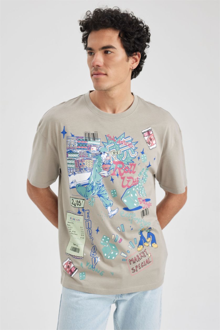 MAN Stone Comfort Fit Crew Neck Printed Cotton T-Shirt