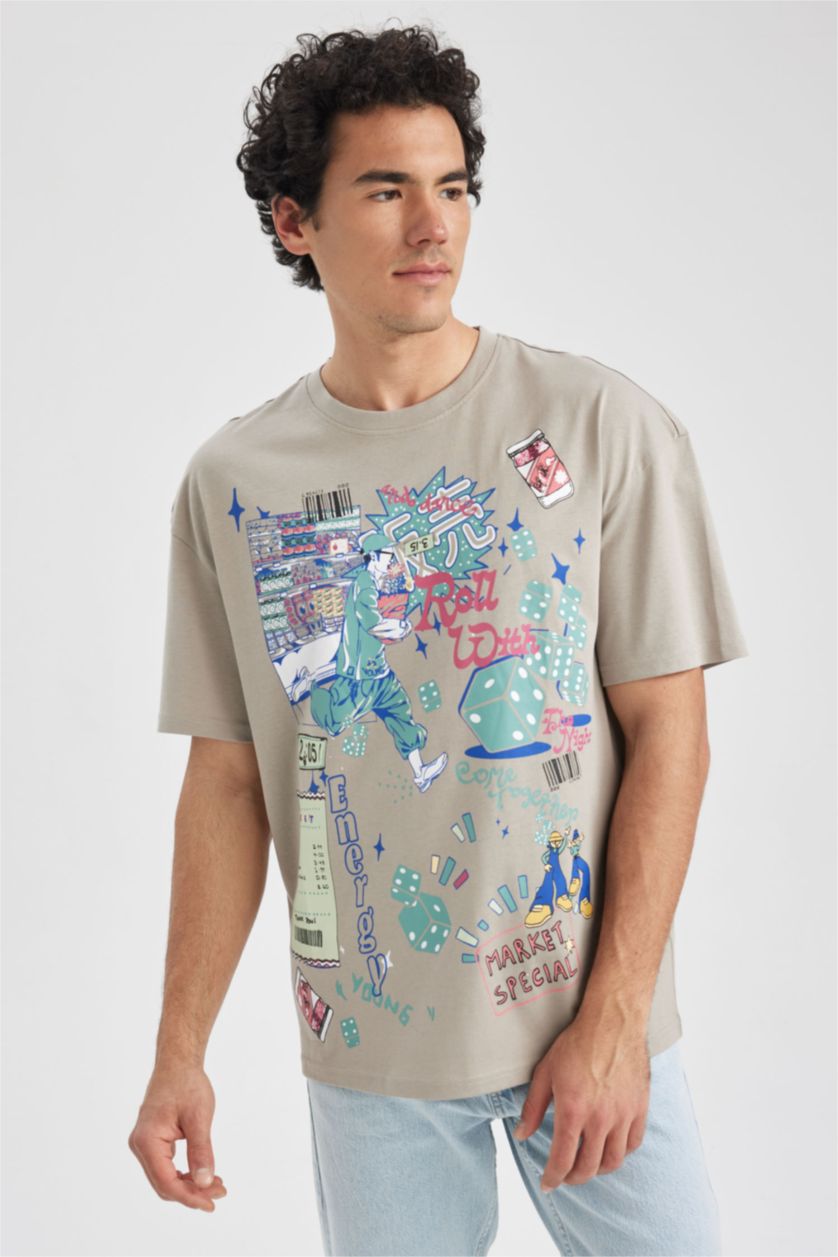 MAN Stone Comfort Fit Crew Neck Printed Cotton T-Shirt