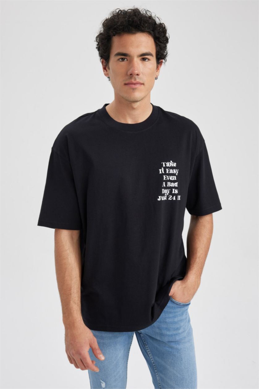 Мужчины Черный Футболка оверсайз с круглым вырезом и принтом