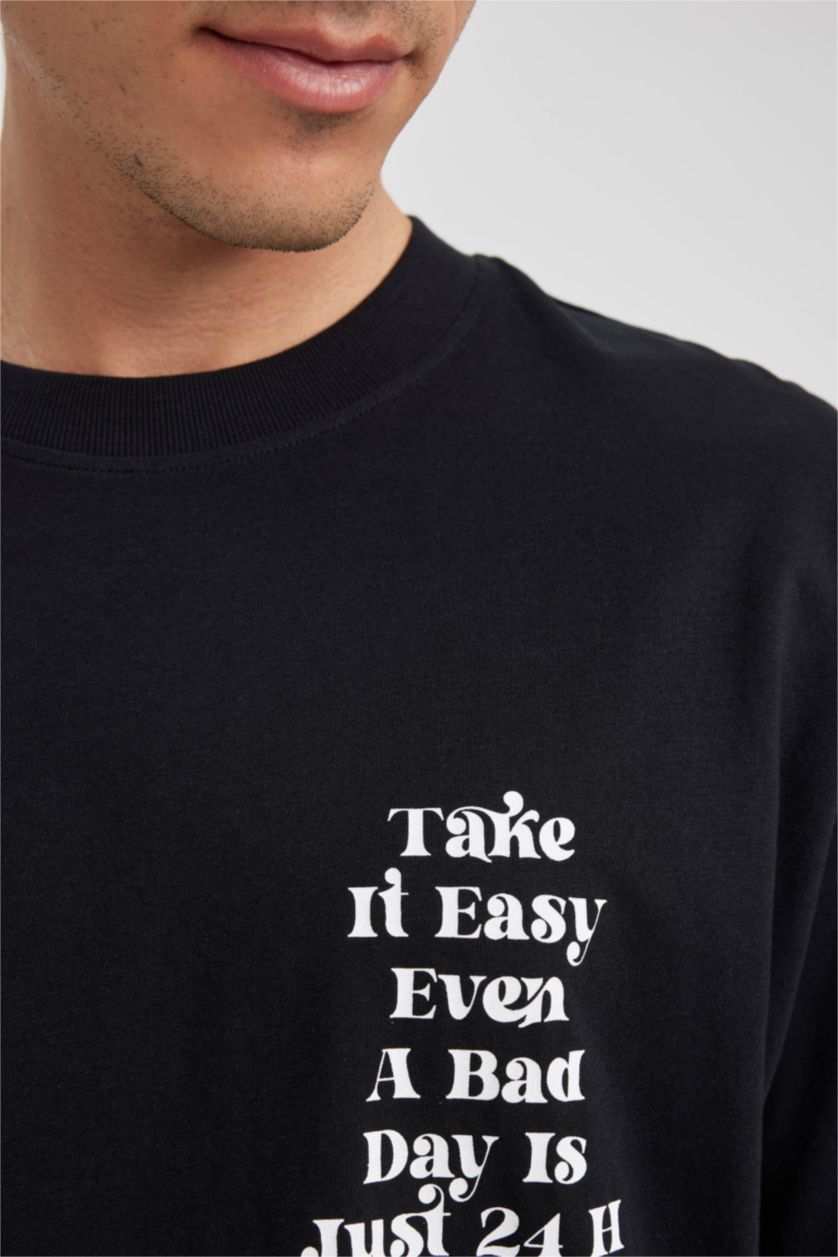 Мужчины Черный Футболка оверсайз с круглым вырезом и принтом