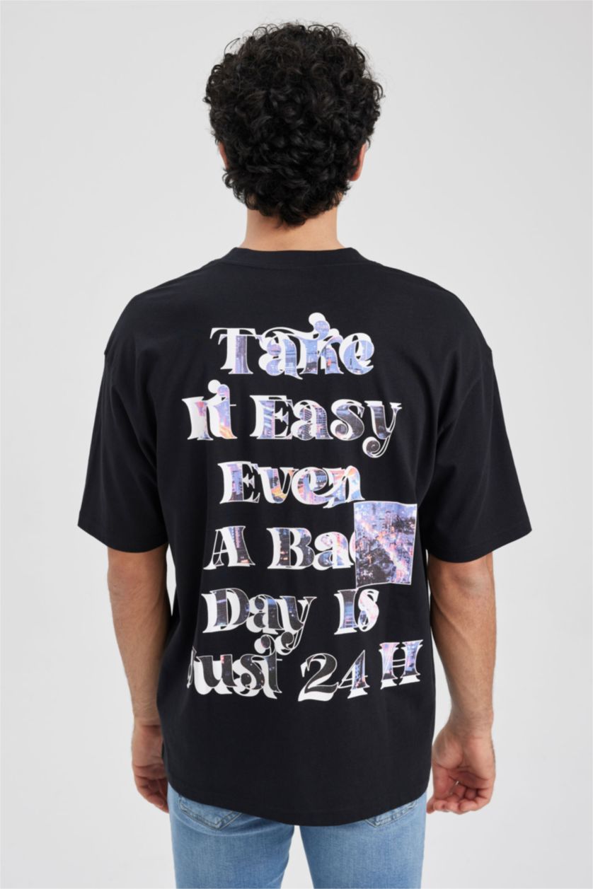 Мужчины Черный Футболка оверсайз с круглым вырезом и принтом