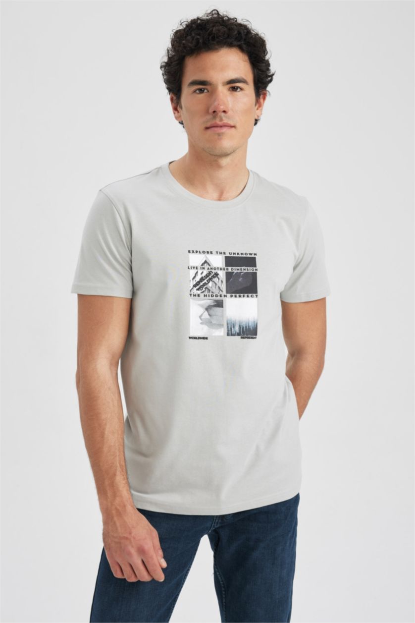 MAN Light Grey Slim Fit Crew Neck Printed T-Shirt