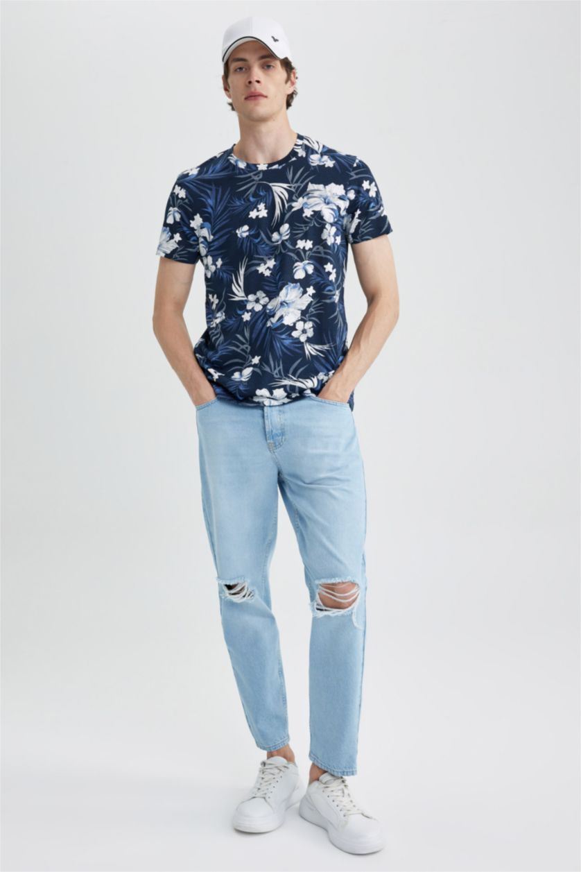 Erkek Lacivert Slım Fıt Bisiklet Yaka Desenli Kısa Kollu Tişört