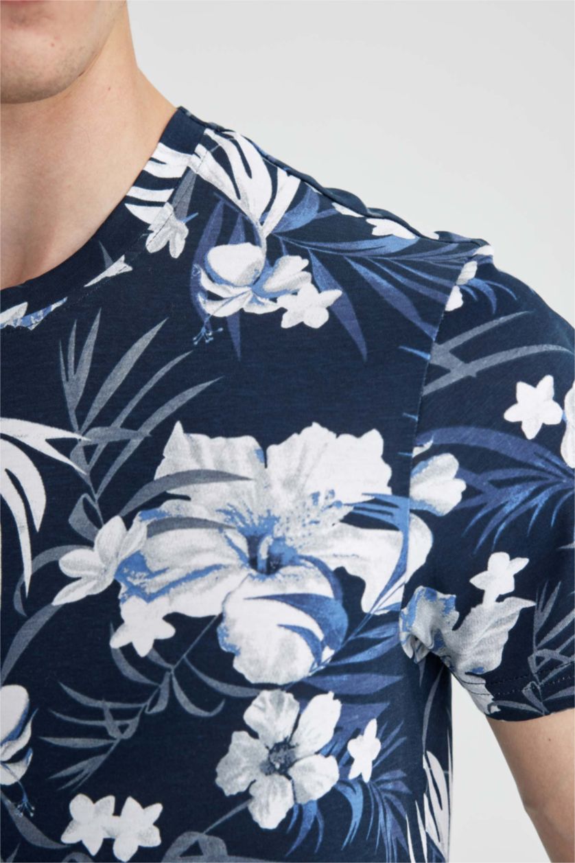 Erkek Lacivert Slım Fıt Bisiklet Yaka Desenli Kısa Kollu Tişört