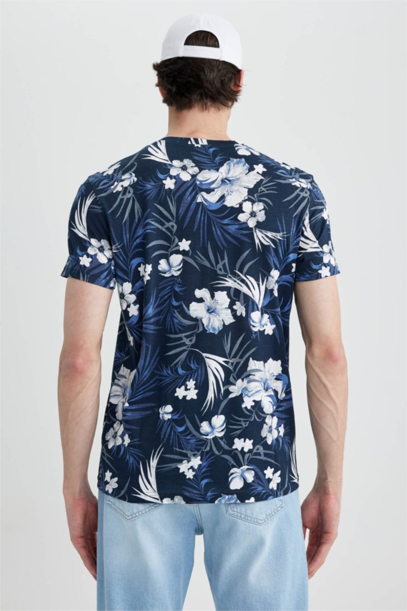 Erkek Lacivert Slım Fıt Bisiklet Yaka Desenli Kısa Kollu Tişört