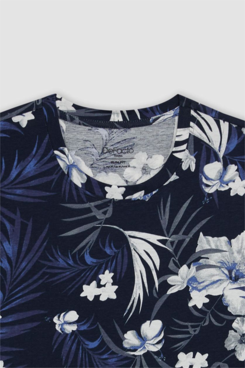 Erkek Lacivert Slım Fıt Bisiklet Yaka Desenli Kısa Kollu Tişört