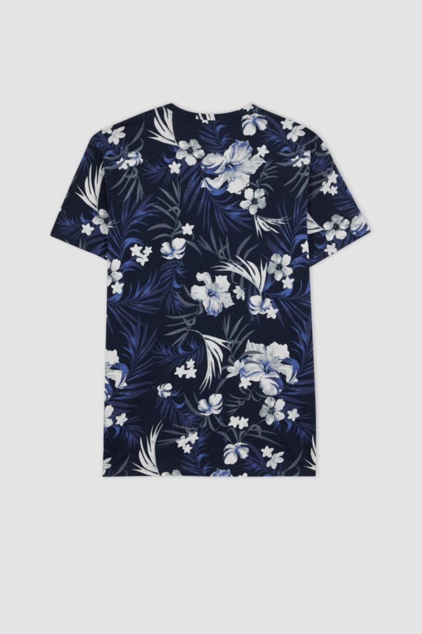 Erkek Lacivert Slım Fıt Bisiklet Yaka Desenli Kısa Kollu Tişört
