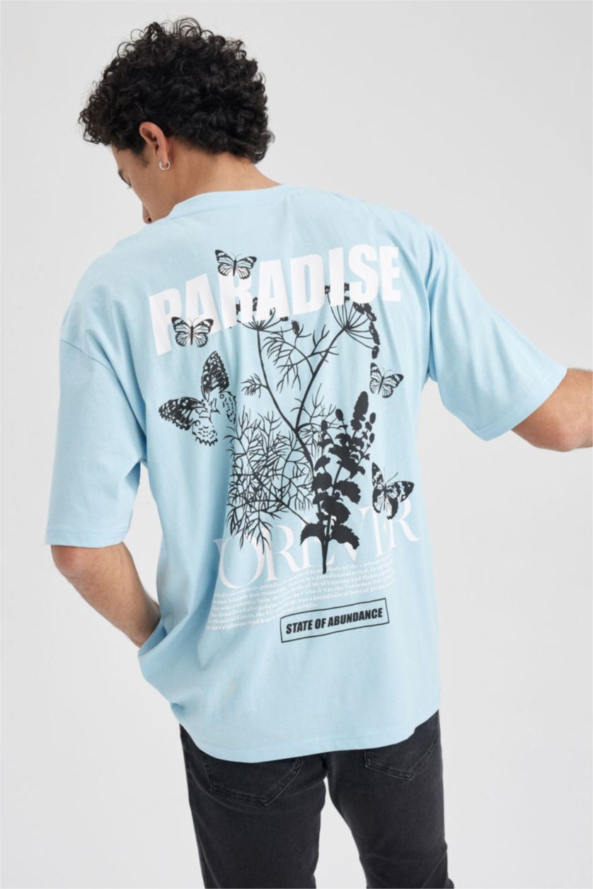 Мужчины Голубрй Футболка оверсайз с круглым вырезом и принтом из 100% хлопка