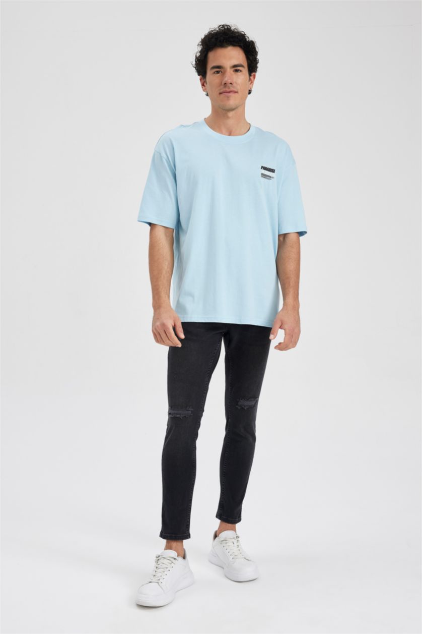 Мужчины Голубрй Футболка оверсайз с круглым вырезом и принтом из 100% хлопка