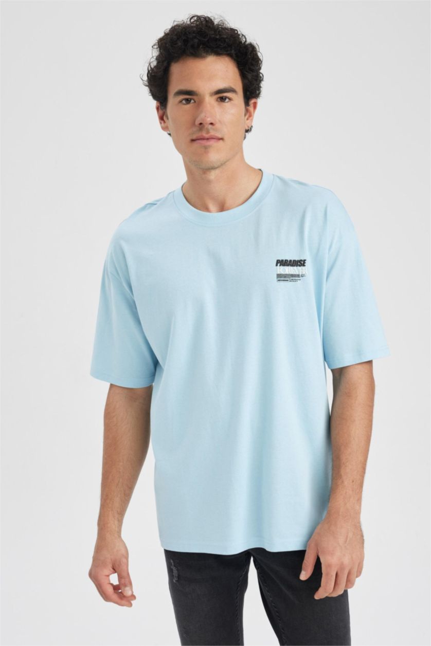 Мужчины Голубрй Футболка оверсайз с круглым вырезом и принтом из 100% хлопка