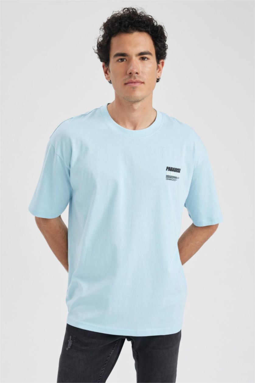 Мужчины Голубрй Футболка оверсайз с круглым вырезом и принтом из 100% хлопка