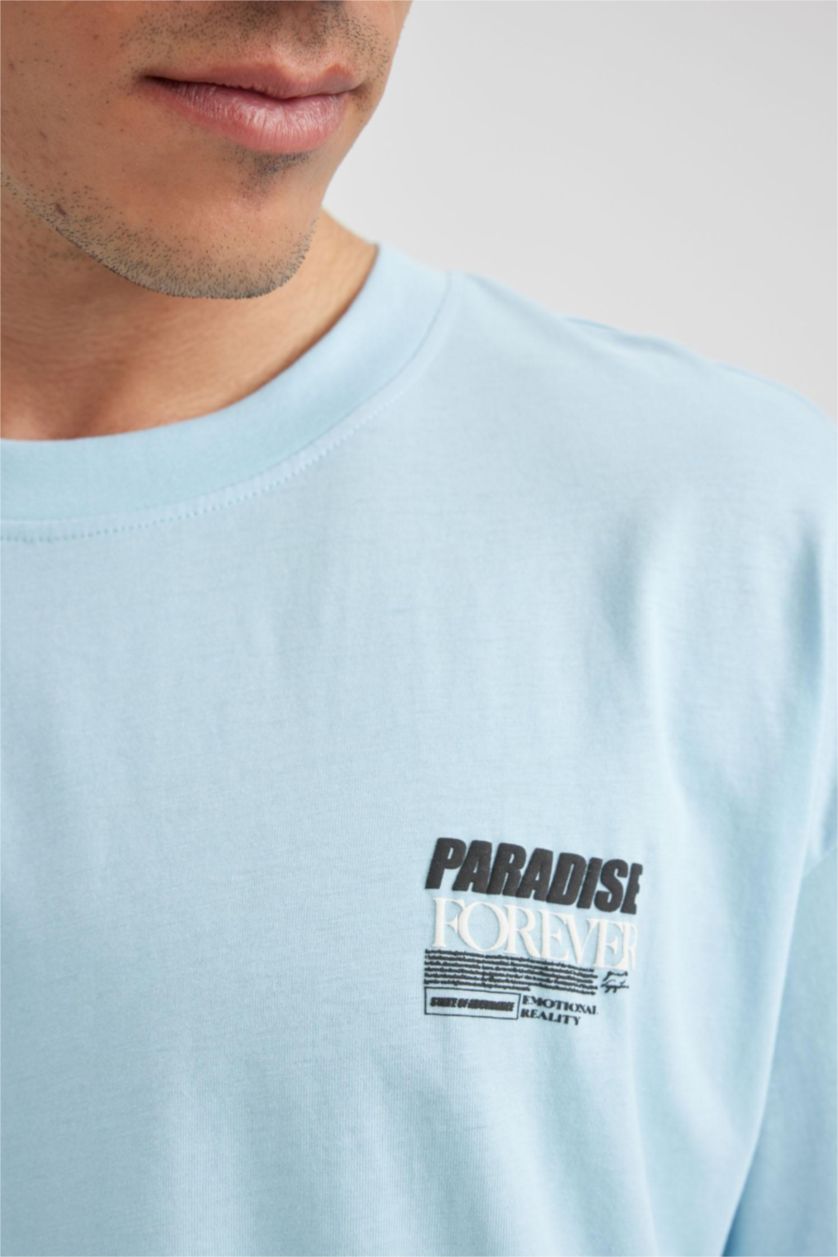 Мужчины Голубрй Футболка оверсайз с круглым вырезом и принтом из 100% хлопка